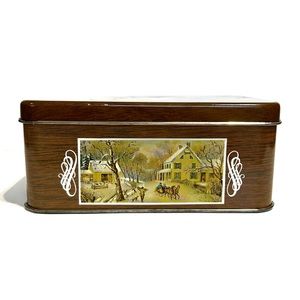 Vintage Village Art Litho Tin Box Brown Green Silver White House Trees Horses